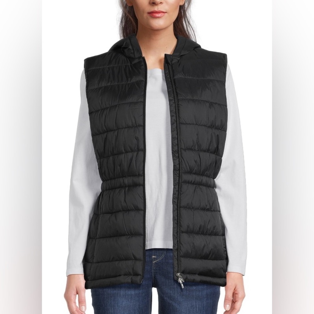 NWT Swiss Tech Cinched Waist Hooded Puffer Vest, Black, Size XS